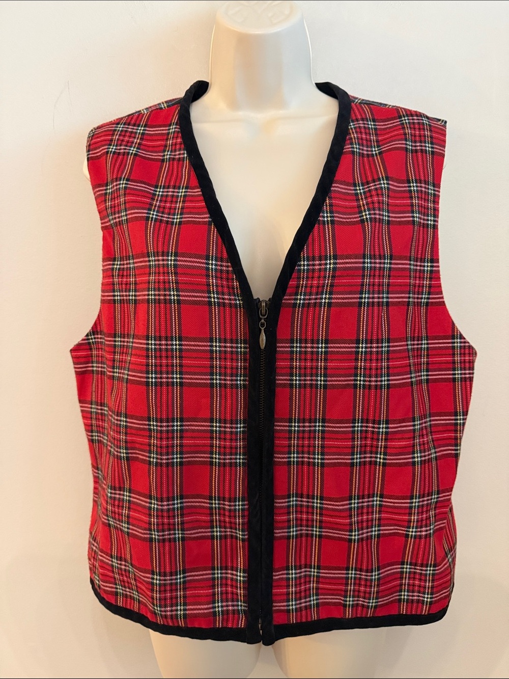Talbots Red Plaid Zip-Front Vest with Black Trim